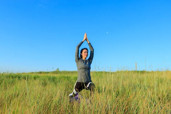 Chica en la naturaleza haciendo ejercicio de yoga para la aptitud . — Foto de Stock