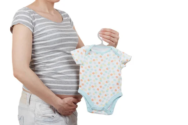 Těhotná Žena Různými Barevnými Šaty Pro Novorozence Izolované — Stock fotografie