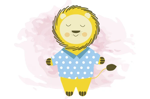 可爱的微笑卡通狮子在蓝色衬衫 矢量插图 — 免费的图库照片