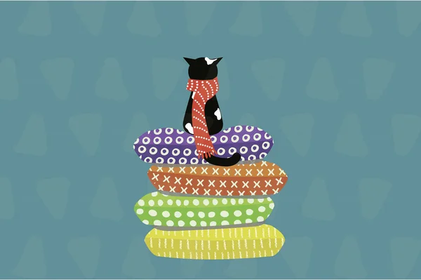 Lindo gato en una bufanda sentado en almohadas - ilustración de carácter plano vectorial dibujado a mano en estilo de dibujos animados Ilustraciones de stock libres de derechos