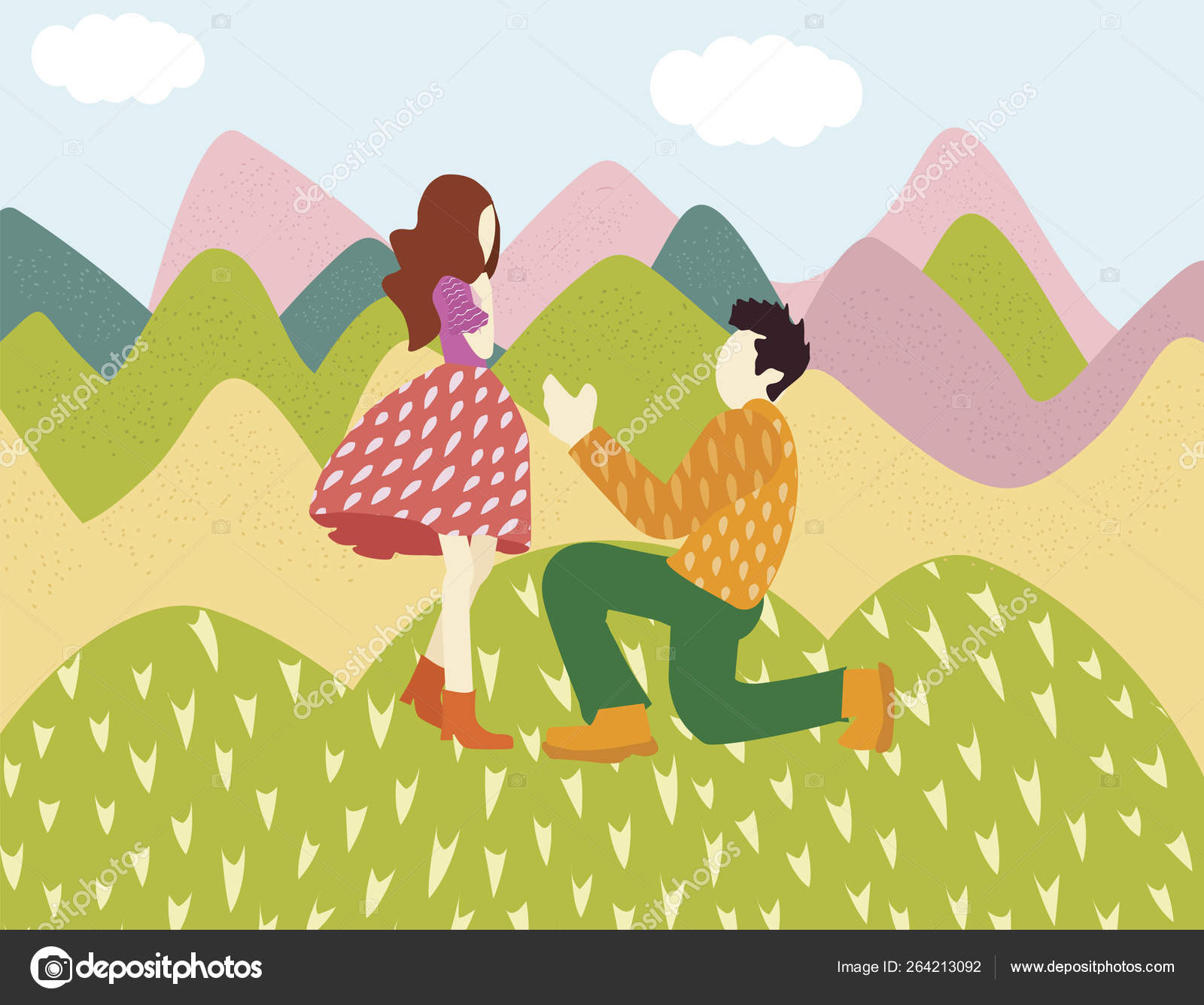 かわいい男のキャラクターは 美しい夏の自然と山を背景に彼の膝の上に立っている女性に愛を告白 ベクトルフラット漫画イラスト 無料の ストックベクター C Bowxwod