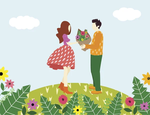 Симпатичний Чоловік Зізнається Любові Жінки Дарує Квіти Тлі Красивої Літньої Ліцензійні Стокові Вектори