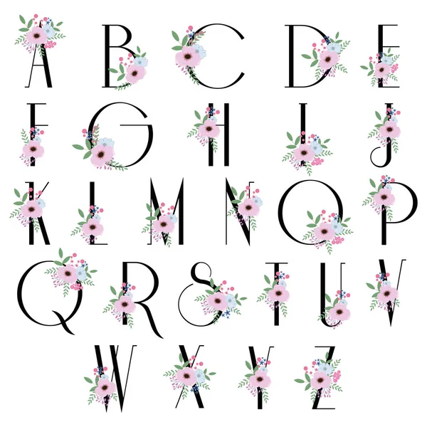 꽃 꽃 알파벳 - 웨딩 로고 디자인을위한 글꼴 스톡 벡터
