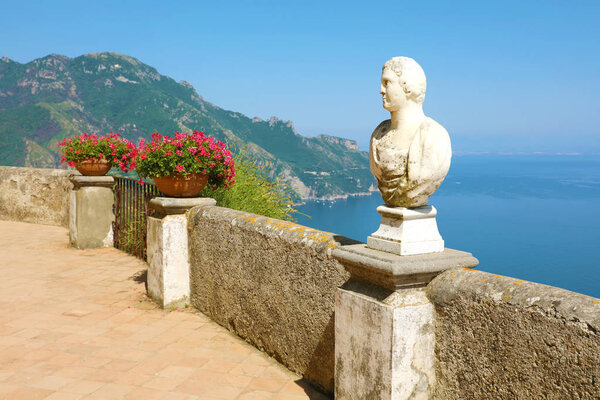 Stone statue in Terrace of Infinity in Villa Cimbrone above the sea in Ravello, Amalfi Coast, Italy.