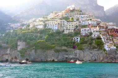 Positano Köyü, görünümü denizden, Amalfi Coast, İtalya