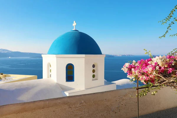 Blå Kyrkans Kupol Med Blommor Typiska Grekiska Byn Oia Santorini — Stockfoto