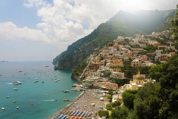 Panoramę Miejscowości Positano Słoneczny Dzień Wybrzeże Amalfi Włochy — Zdjęcie stockowe