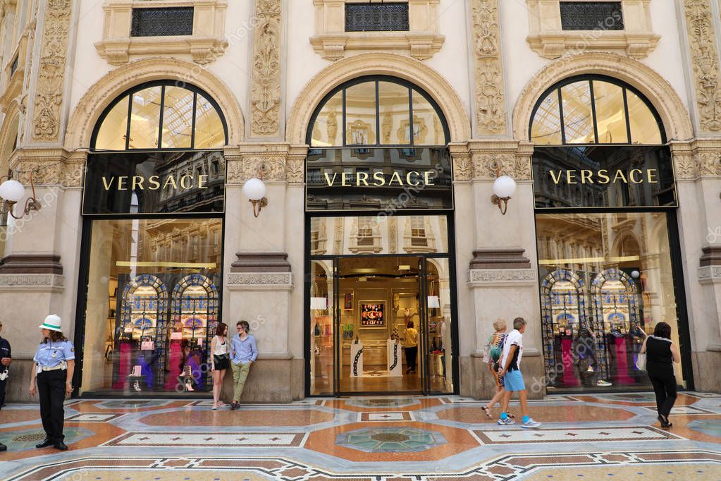 MILAN, ITALY - SEPTEMBER 10, 2018: Facade of Versace store inside Galleria Vittorio Emanuele II the world's oldest shopping mall, Milan, Italy