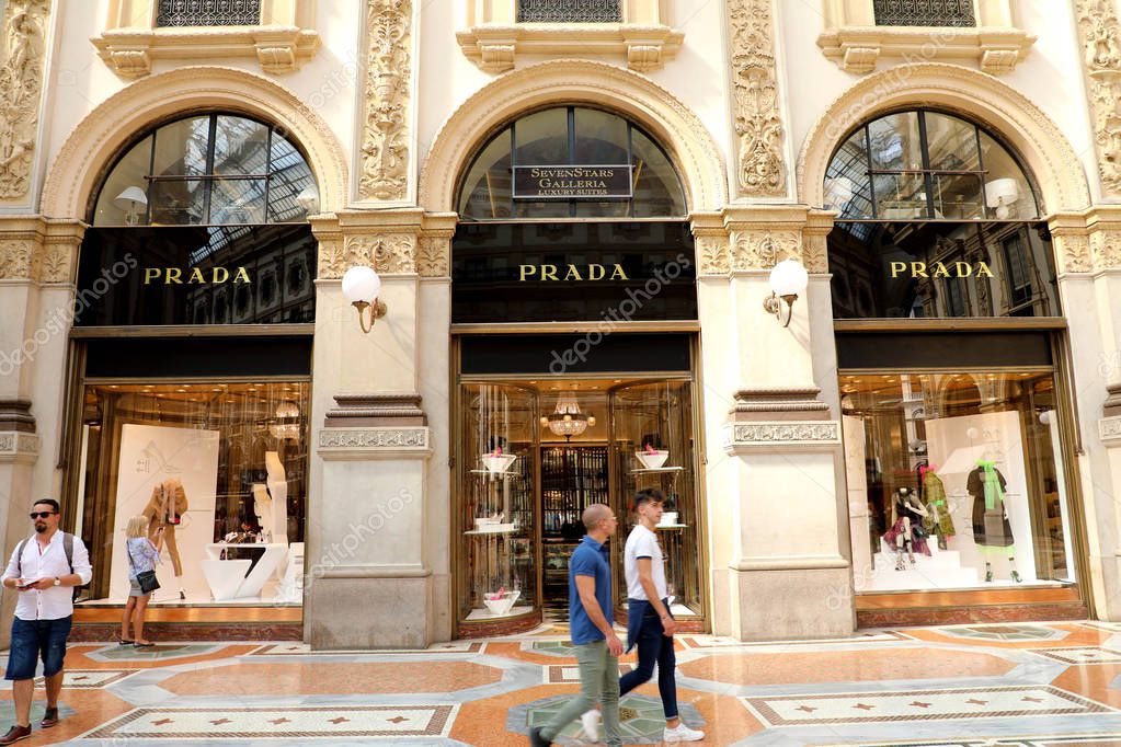 MILAN, ITALY - SEPTEMBER 10, 2018: Facade of Prada store inside Galleria Vittorio Emanuele II the world's oldest shopping mall, Milan, Italy