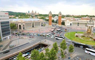 Barcelona, İspanya - 13 Temmuz 2018: Placa d'Espanya, Barcelona, Katalonya, İspanya havadan görünümü
