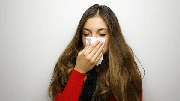 Portrait Pretty Woman Having Flu Girl Blowing Nose Standing White — Stock Photo, Image