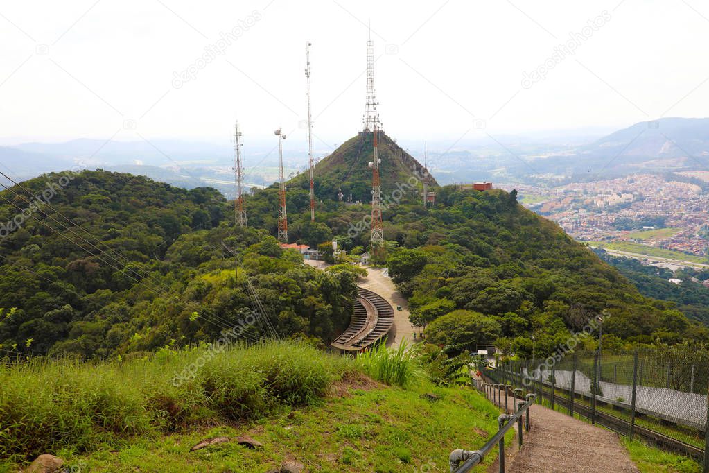 Trellis with many parables and television and radio antennas on Jaragua Peak, Sao Paulo, Brazil