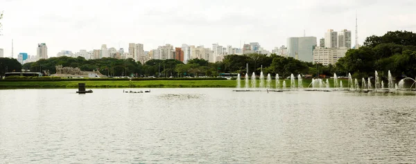 Panoramisch banner uitzicht op Ibirapuera Park met Sao Paulo Cityscape — Stockfoto