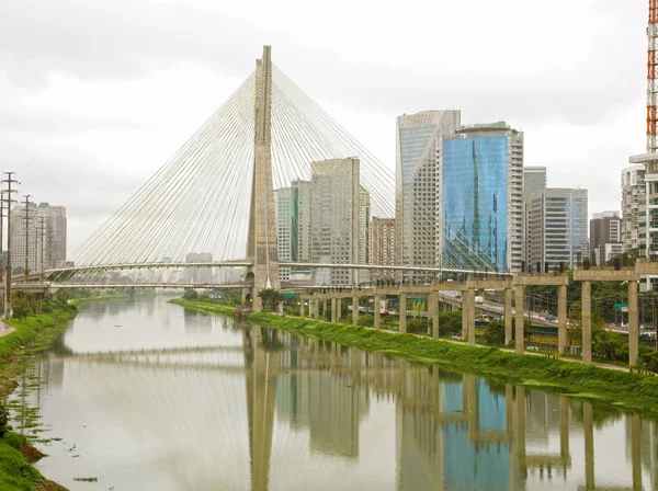 Sao Paulo city Landmark Estaiada Bridge reflex in Pinheiros River, Sao Paulo, Brazilië — Stockfoto