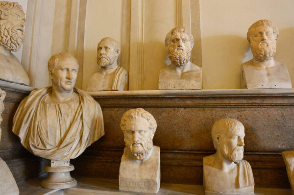 ROME, ITALY - APRIL 6, 2016: Hall of Philosophers, Palazzo Nuovo, Capitoline Museums, Rome, Italy