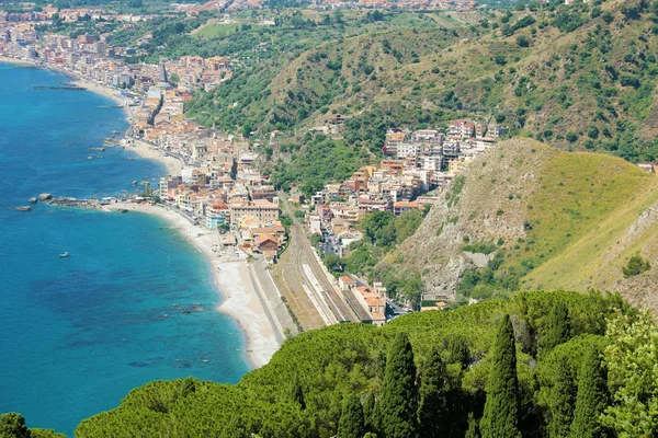 Aerial view of Sicily with Taormina and Giardini Naxos villages in Italy. — Stock Photo, Image