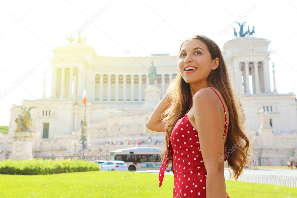 Portrait of smiling beautiful tourist girl in Venice square famous landmark of Rome. Summer holidays in Italy.