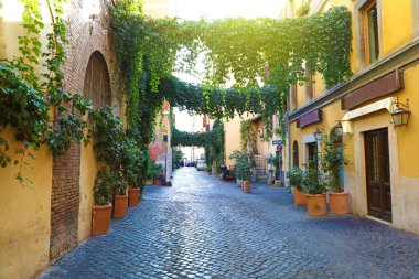 Trastevere 'deki eski cadde, Roma, İtalya. Roma 'nın Trastevere semtindeki eski rahat cadde, tipik bir mimari ve şehrin simgesi..