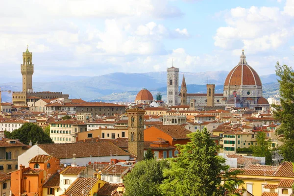 파노라마처럼 보이는 피렌체 시의 전경 과 베키오 궁전 그리고 이탈리아 투스카니에 있는 산타 마리아델피오레 ( 두오모 ) 대성당. — 스톡 사진