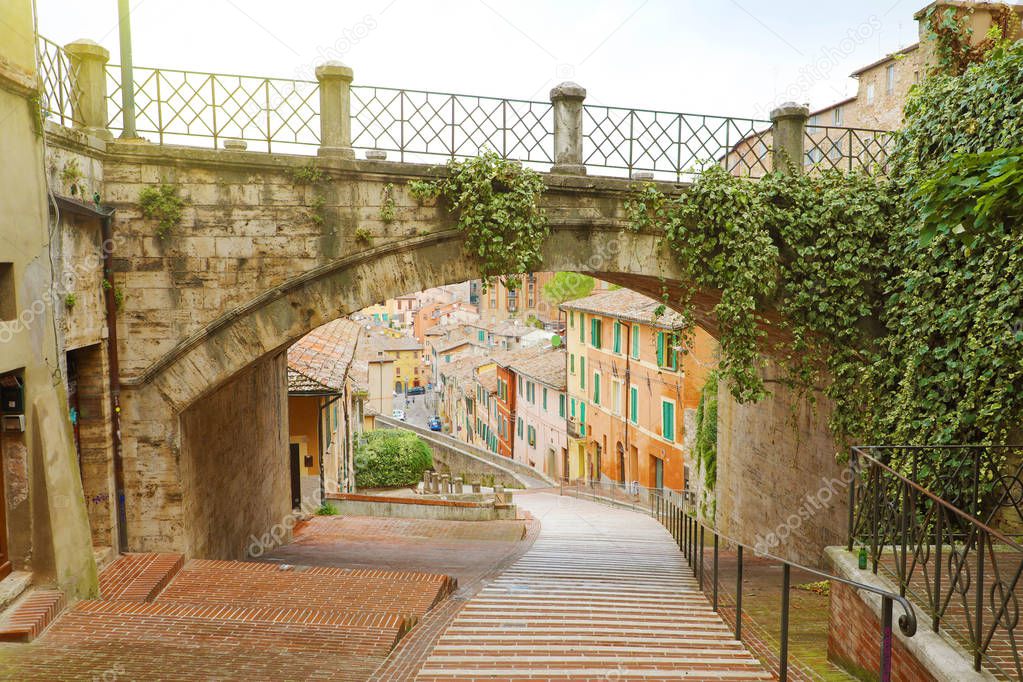 Perugia beautiful old street via dell'Acquedotto, Umbria, Italy.