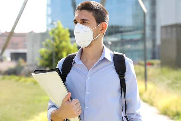 Covid University Student Male Protective Mask Walking City Street College — Stock Photo, Image