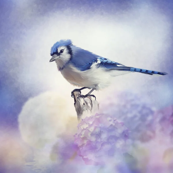 Blue Jay Flower Garden Watercolor Painting — Stock Photo, Image