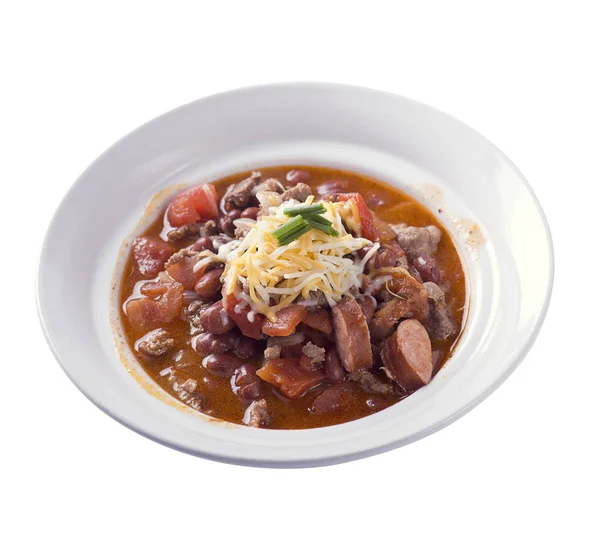 Chili Casero Con Carne Res Salchichas Aisladas Sobre Fondo Blanco —  Fotos de Stock