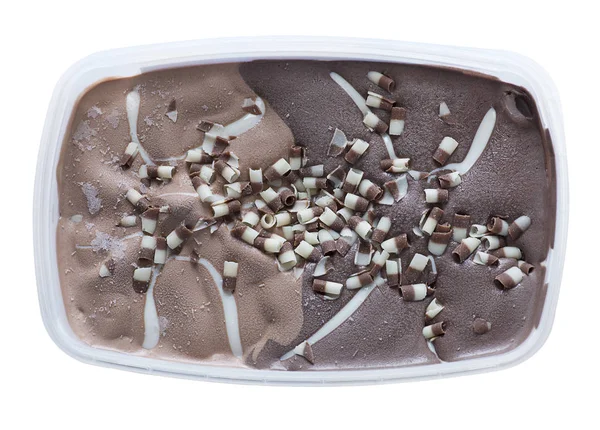 Σοκολάτα Παγωτό Ένα Πλαστικό Κουτί Που Απομονώνονται Λευκό Φόντο — Φωτογραφία Αρχείου