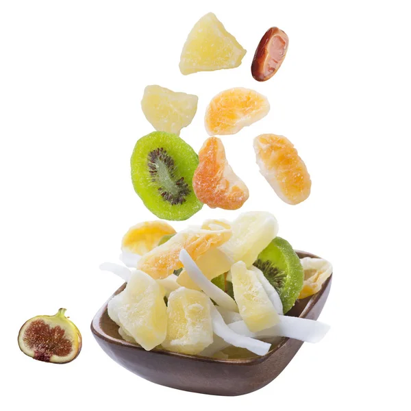Gesunde Ernährung Mischung Aus Getrockneten Früchten Schüssel Isoliert Auf Weiß — Stockfoto