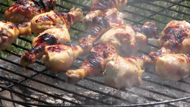 Hühnerkeulen Kochen Freien Flammen — Stockvideo