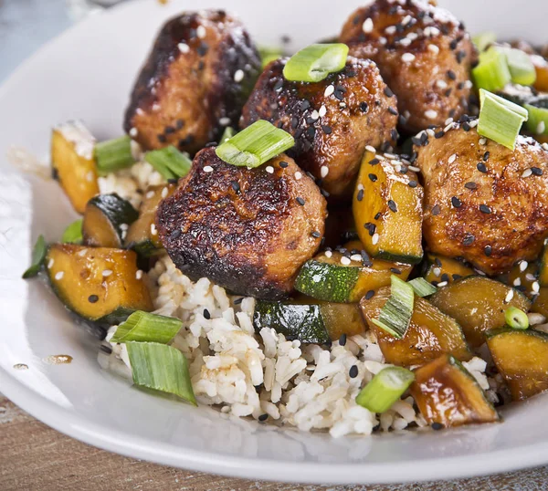 Meatballs Rice Zucchini Close — Stock Photo, Image