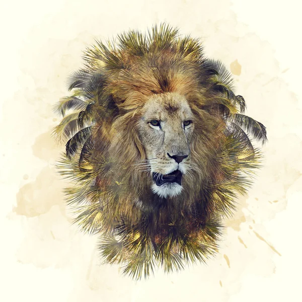 ライオンの頭とヤシの木の二重露出効果 — ストック写真