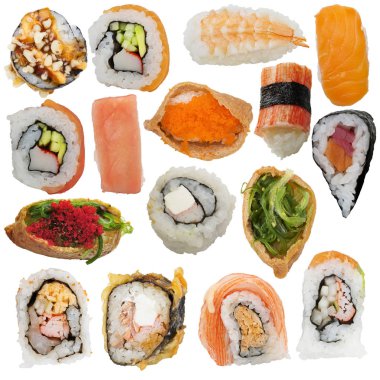 Beyaz arka plan üzerinde izole suşi rulo ürün çeşitliliği