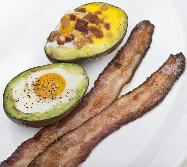 Baked Avocado Eggs Cheese Bacon Close — Stock Photo, Image