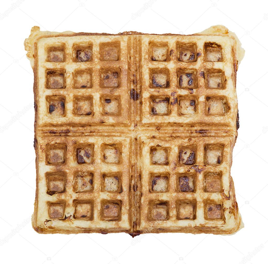 Homemade square belgian waffle on white background