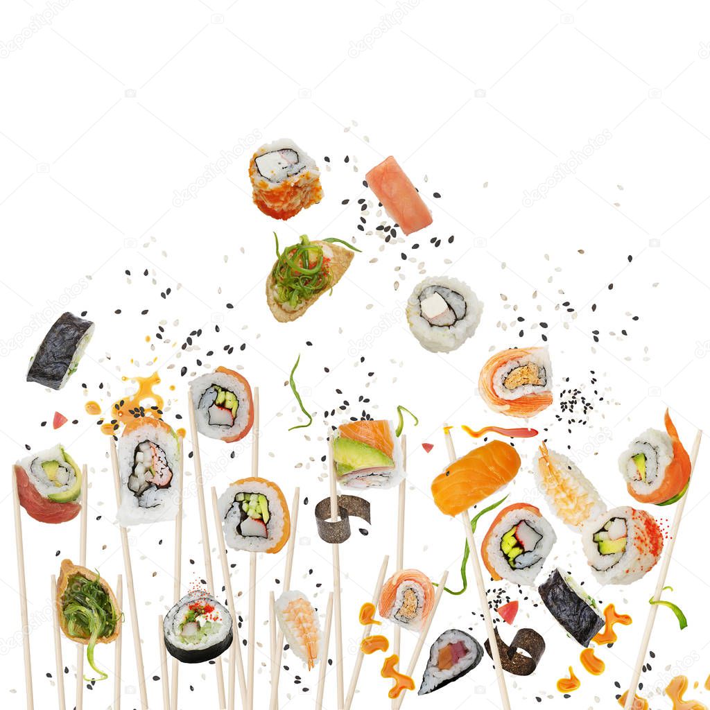 sushi rolls with wooden chopsticks on white background
