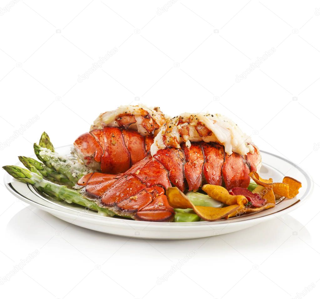 Grilled Lobster Tails Served With Asparagus