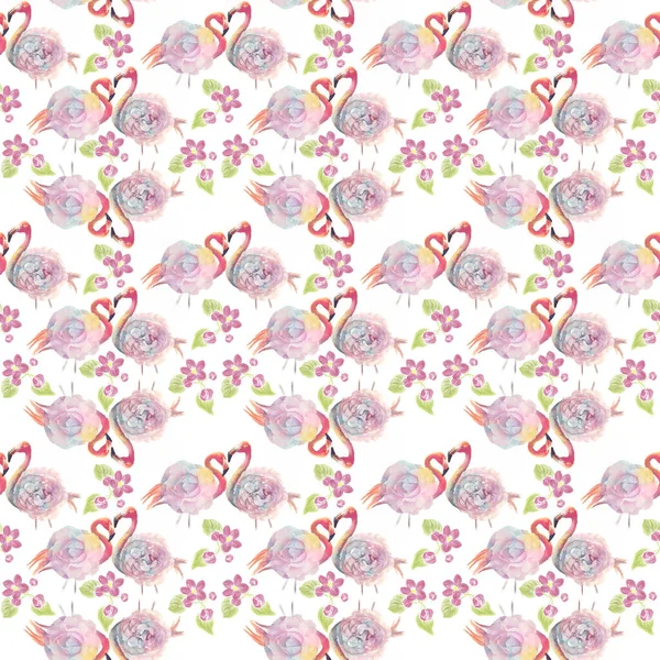 Цифровая Акварельная Живопись Бесшовного Рисунка Розами Птицами Фламинго Белом Фоне — стоковое фото