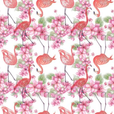 Pembe çiçekli ve flamingolu kusursuz çiçek desenli, sonsuz desenli.