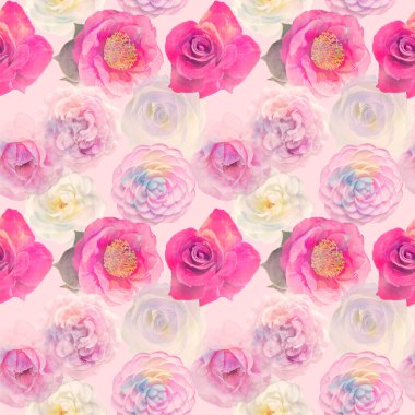 Arka planda gül çiçekleri olan, kusursuz çiçek desenli suluboya..