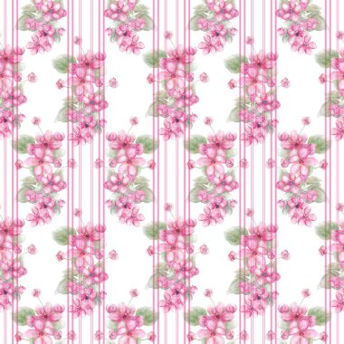 Arkaplan için pembe çiçekli suluboya kusursuz çiçek tasarımı, sonsuz desen.