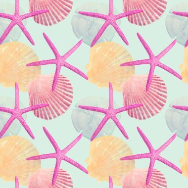 Arkaplan için deniz kabukları ve deniz yıldızlarıyla kusursuz tasarım, sonsuz desen.