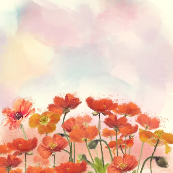 Red Poppy Flowers Watercolor Illustration Digital Painting — Stock Photo, Image