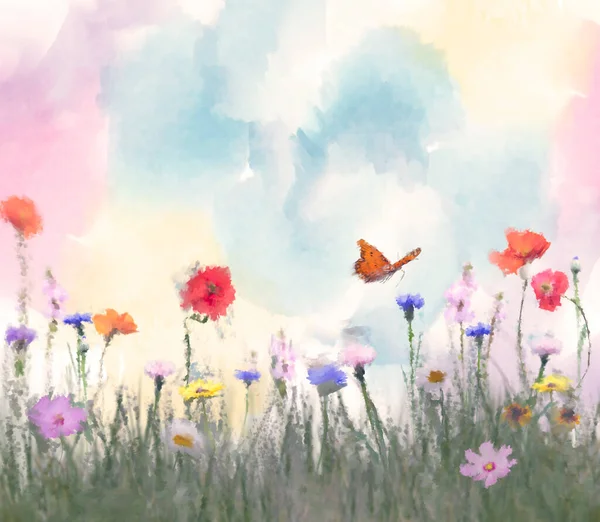 Πολύχρωμα Λουλούδια Ακουαρέλας Ψηφιακή Απεικόνιση — Φωτογραφία Αρχείου