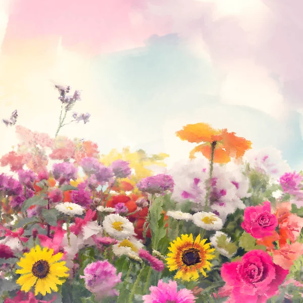Colorful Watercolor Flowers Digital Illustration — Stock Photo, Image