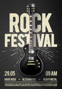 vektör çizim siyah rock festivali konser parti el ilanı veya poster tasarım şablonu gitar, metin ve arka plan serin etkileri için yer ile
