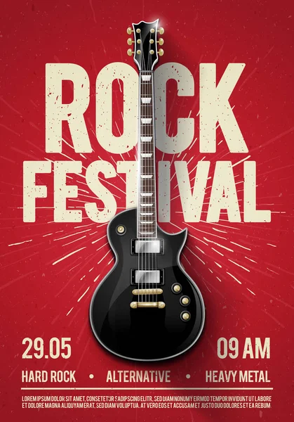 vektör illüstrasyon kırmızı rock festivali konser parti el ilanı veya poster tasarım şablonu ile gitar, metin ve arka plan serin etkileri için yer