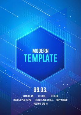 Vektör çizim dans partisi poster arka plan şablonu kızdırma, çizgiler, vurgulamak ve mavi renklerde modern geometrik şekiller ile. Müzik olay el ilanı ya da soyut afiş