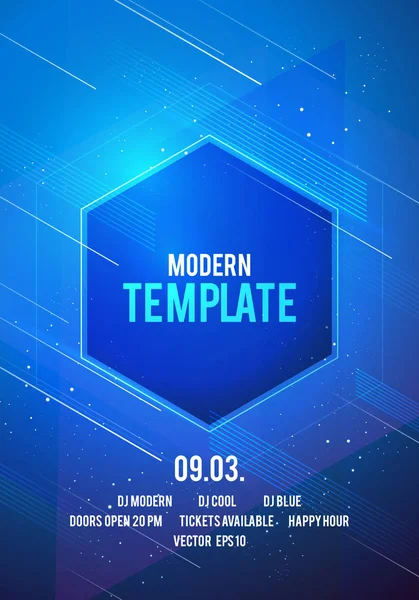 Vektör çizim dans partisi poster arka plan şablonu kızdırma, çizgiler, vurgulamak ve mavi renklerde modern geometrik şekiller ile. Müzik olay el ilanı ya da soyut afiş