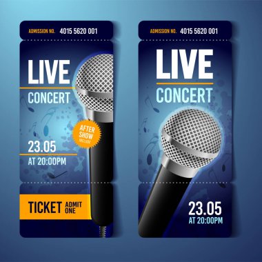 mikrofon ve arka plan serin grunge efektler vektör illüstrasyon mavi müzik konser bilet tasarım şablonu